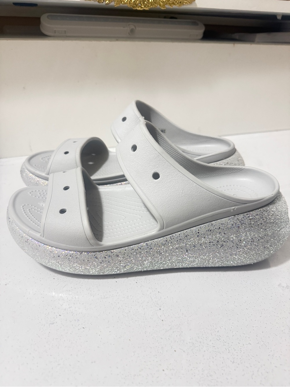 Crocs  White Glitter Platform Slide Sandals - Women